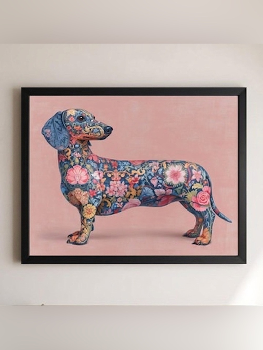 Floral Dachshund Dog Wall Art Print, Whimsical Sausage Dog Art Framed 8x10